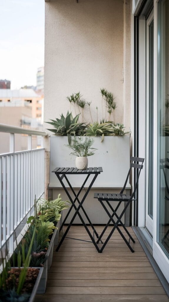 Foldable furniture on a small balcony, offering space-saving solutions without compromising style.