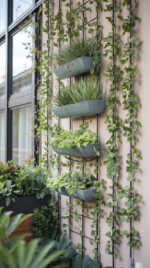 Vertical garden with lush greenery growing on wall-mounted planters in a cozy small balcony.