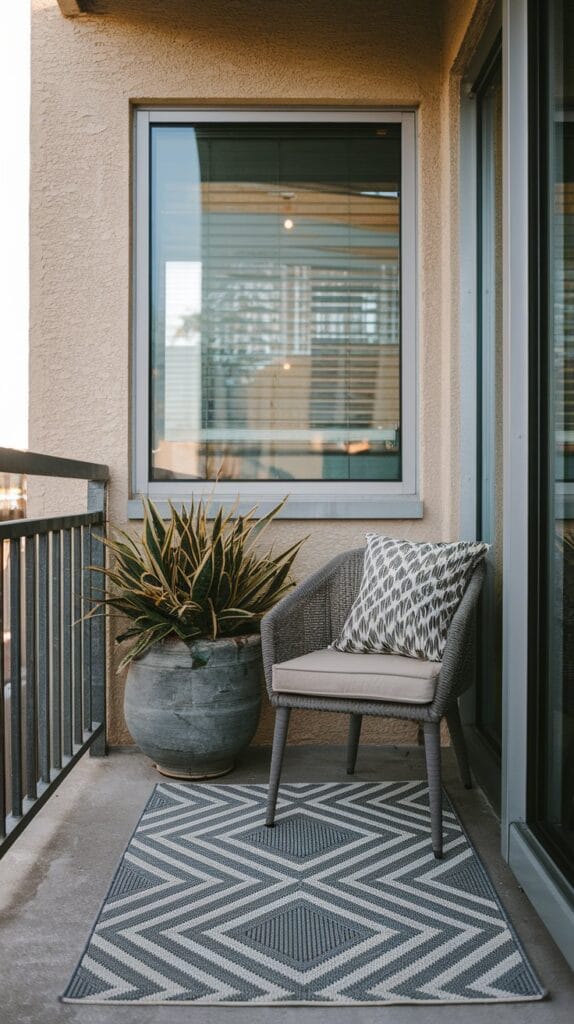 Outdoor rug on a small balcony under seating, adding comfort and style to the space.