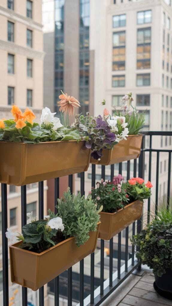 Custom rail planters attached to a small balcony railing with vibrant flowers.