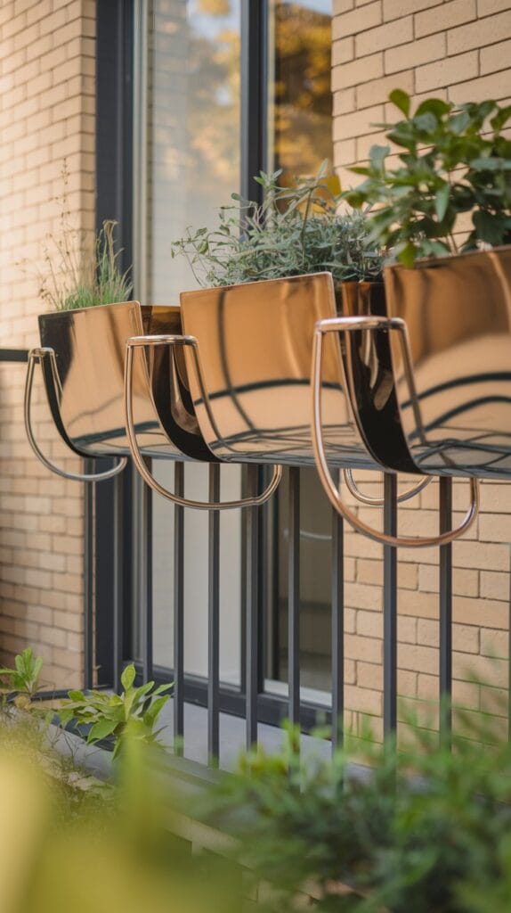 Multi-functional planters on a small balcony offering both storage and plant display.