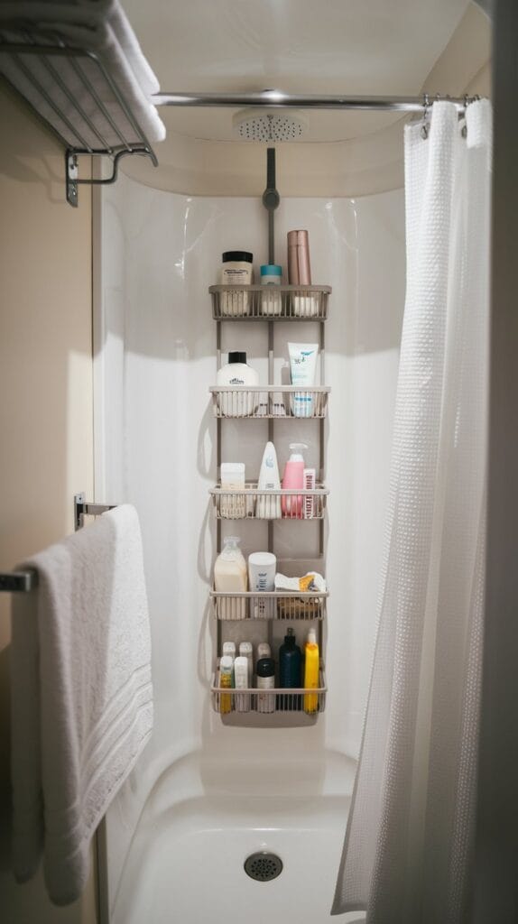 Multi-tiered shower caddy for organizing toiletries in a small bathroom.