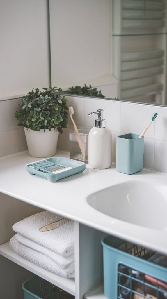 Clear bathroom countertop with only a few essentials, keeping the space organized.
