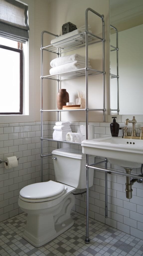 Over-the-toilet storage rack in a small bathroom, holding towels and toiletries.