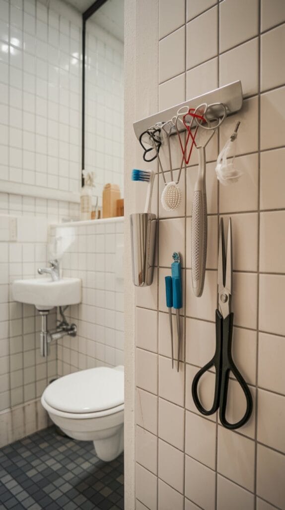 Magnetic strips in a bathroom for organizing metal items.