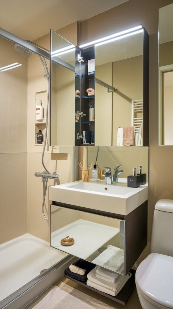 Mirror cabinet in a bathroom offering hidden storage behind a sleek mirror.