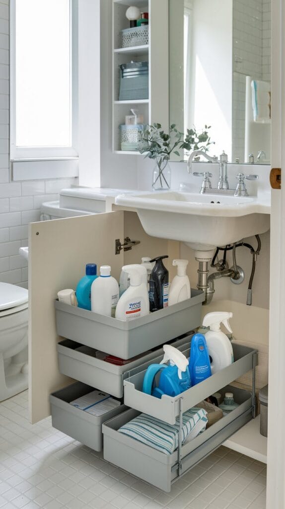 Under-sink storage with bins and baskets for bathroom organization.