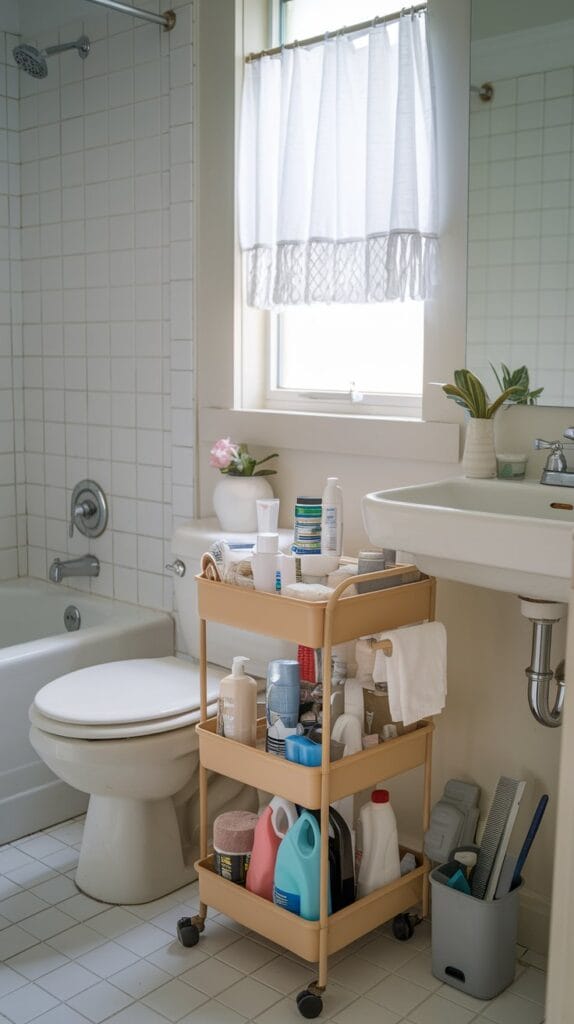 Small bathroom with a rolling cart for extra storage.