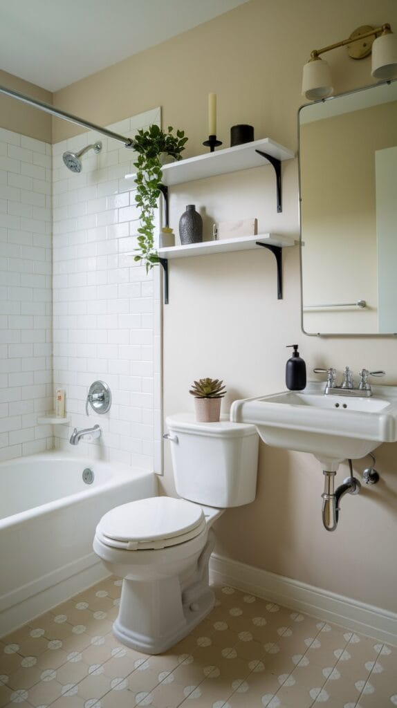 Small bathroom with a shelf above the door for additional storage space.