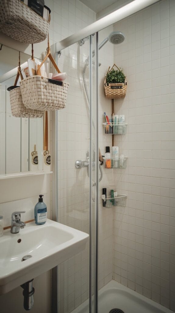 Hanging baskets in a small bathroom for extra storage.