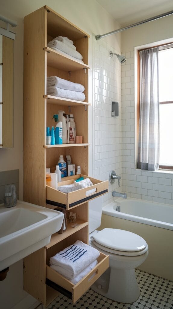Tall narrow cabinet in a small bathroom providing vertical storage.