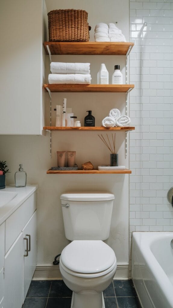 Small bathroom with organized over-the-toilet storage shelves.