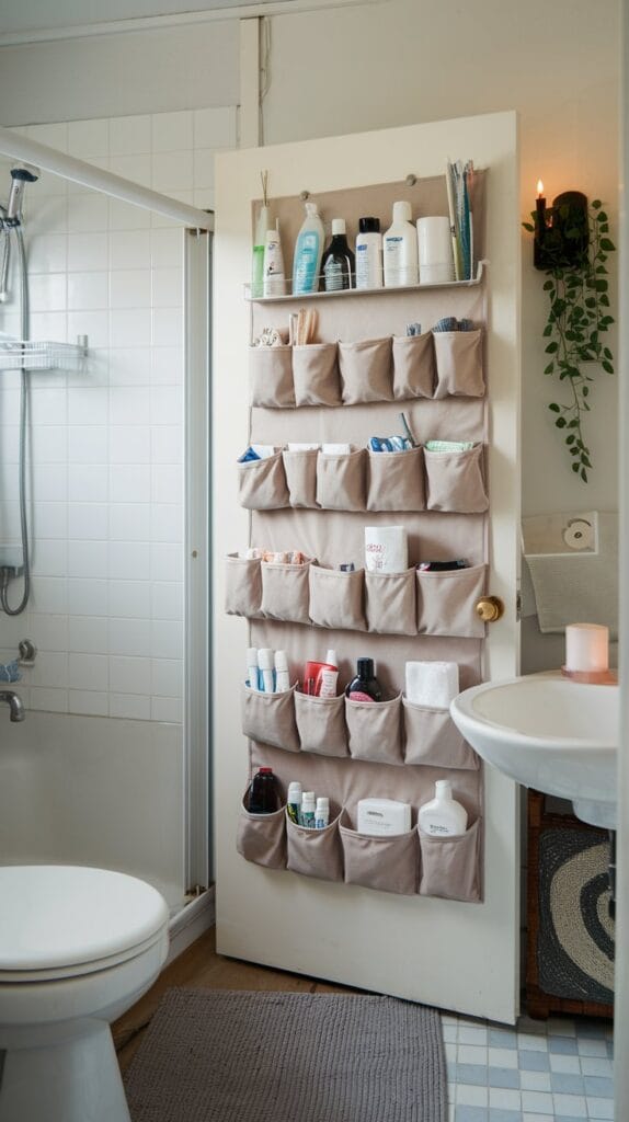 Over-the-door storage organizer with pockets for bathroom items.