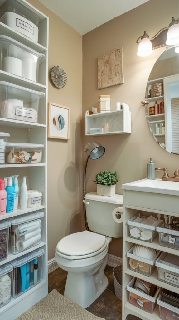 Small bathroom with clear storage containers for easy organization and access.