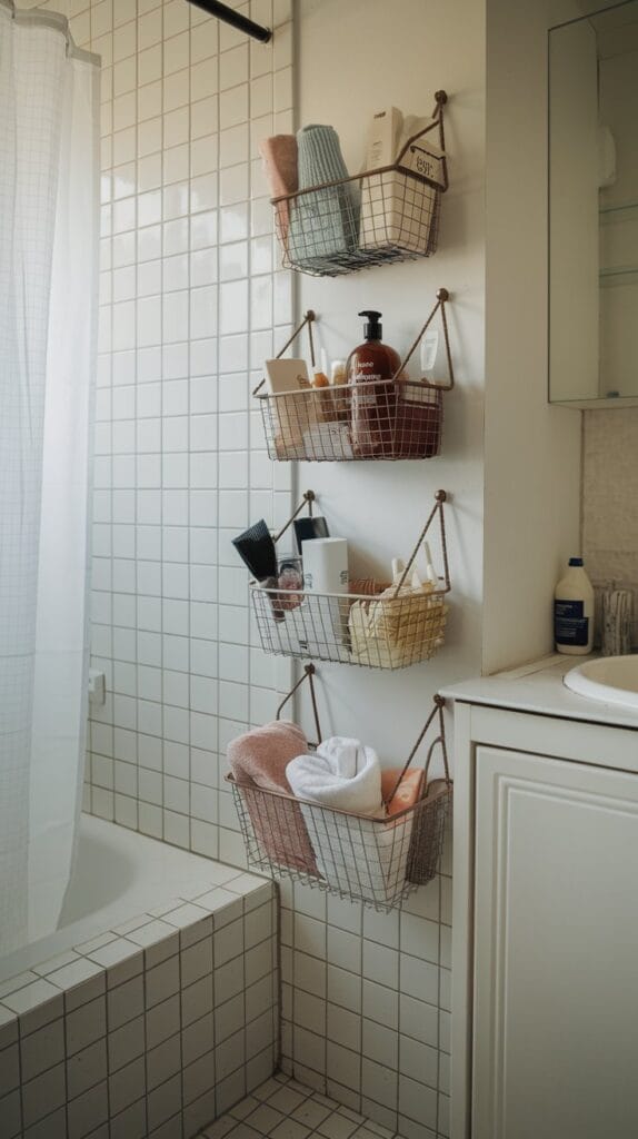 Hanging baskets mounted on the wall for organized bathroom storage.