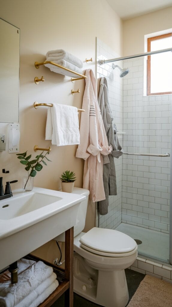 Small bathroom with hooks installed on the wall for towels and robes, keeping things organized.
