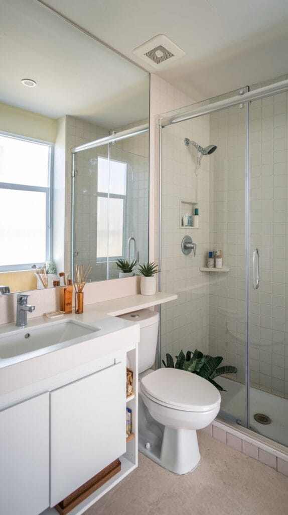 Small bathroom with light-colored walls and a large mirror reflecting natural light.