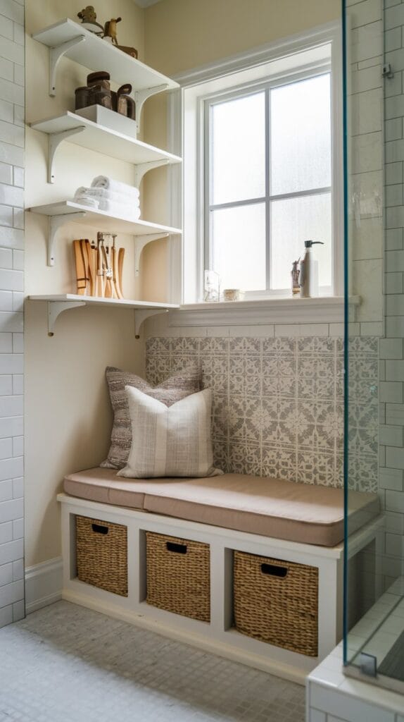 Multi-functional storage bench in a small bathroom offering seating and hidden storage.