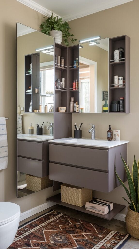 Small bathroom with multifunctional furniture like a storage vanity and a mirror with shelves.