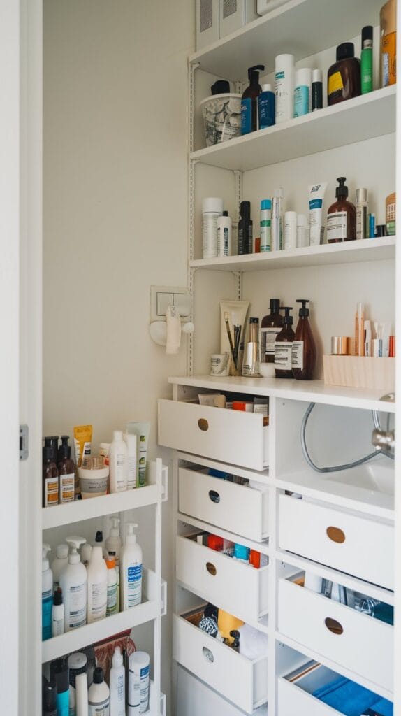 A small bathroom with expired products purged, leaving only necessary toiletries.