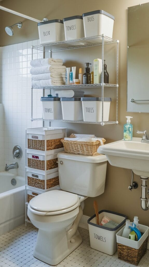 Organized bathroom with labeled bins and containers.