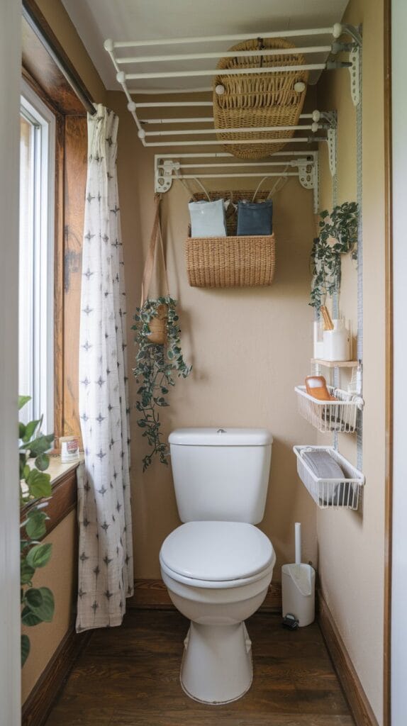 Tension rod storage for baskets and organizers in a small bathroom.