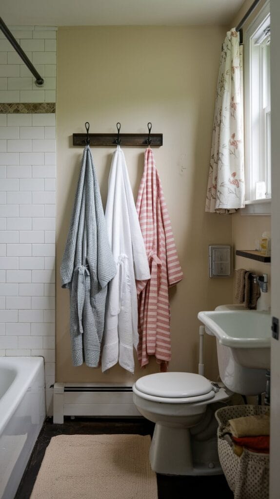 Small bathroom with towel hooks replacing towel bars.