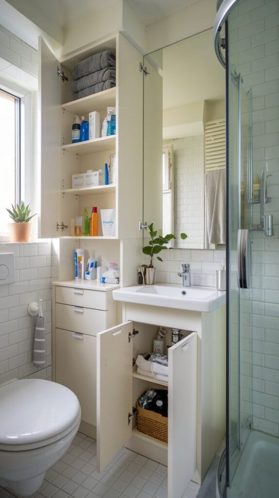 Small bathroom with organized cabinets, maximizing space with neatly arranged toiletries.