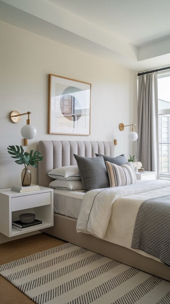 Small bedroom with a bed placed in the corner for more open space.