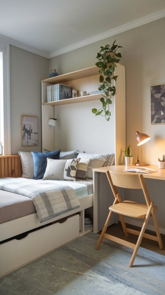 Small bedroom with multipurpose furniture for maximum functionality.