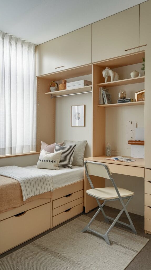 Bedroom with multi-functional furniture including a bed with storage and foldable desk.