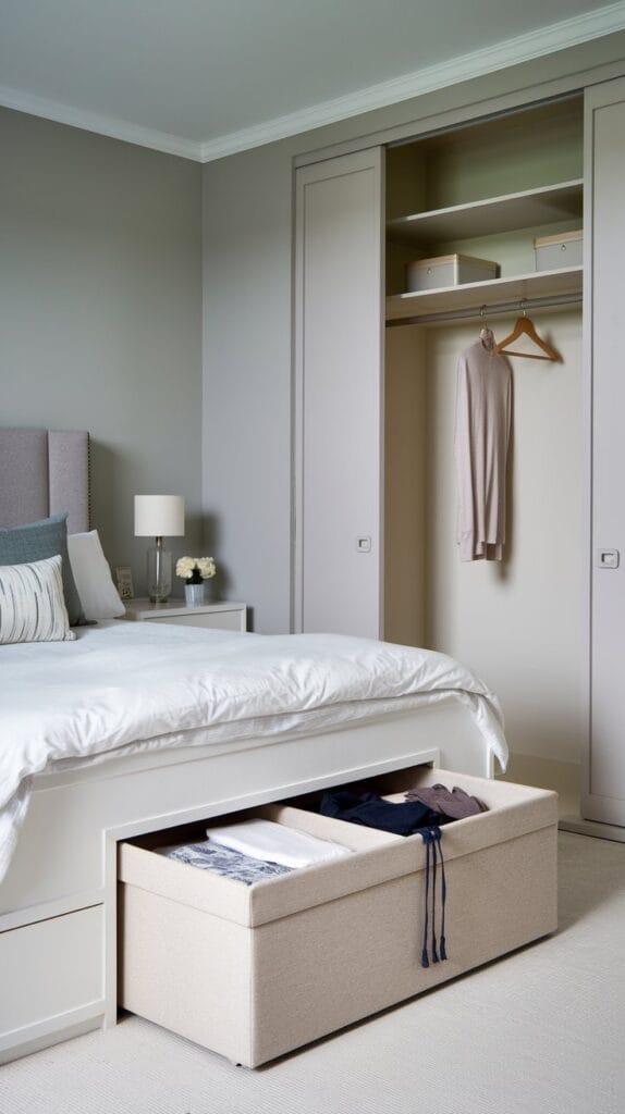 Bedroom with hidden storage solutions, including a bed with drawers.