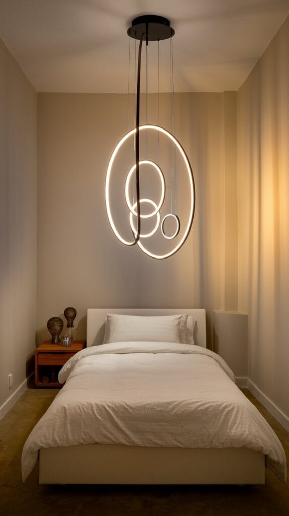 Small bedroom with bold, statement lighting over the bed.
