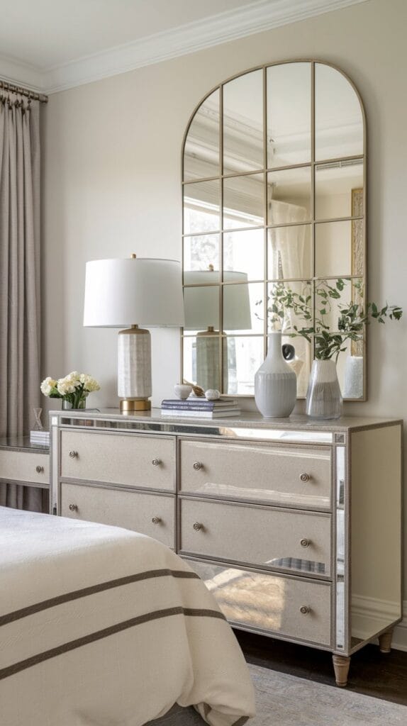 Small bedroom with a large mirror reflecting natural light to create a spacious feel.