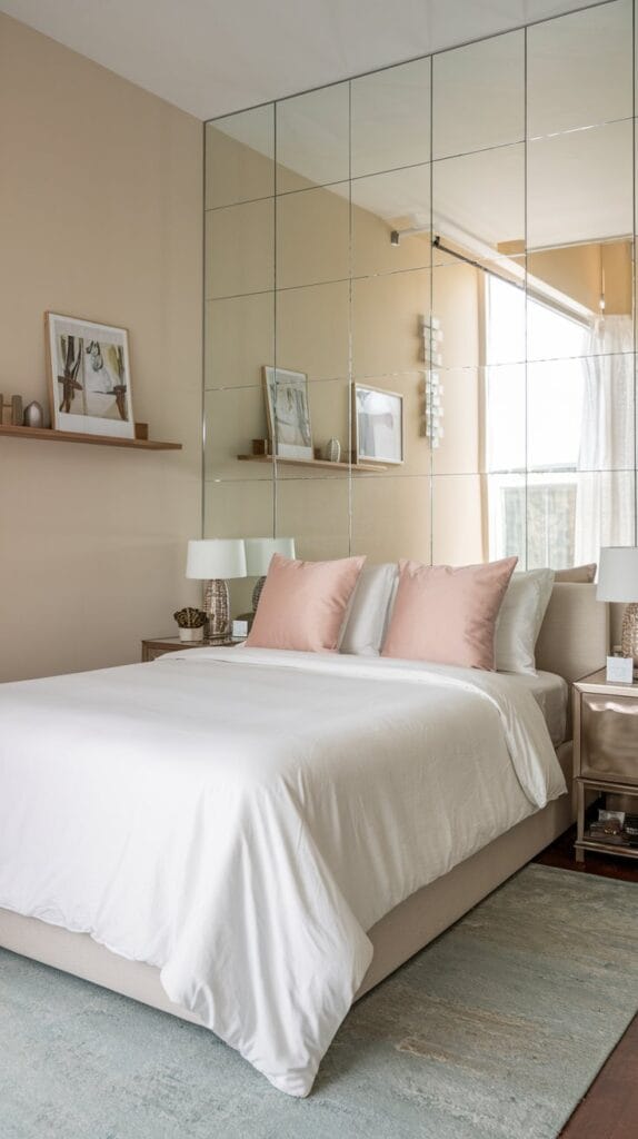 Small bedroom with large mirror creating an illusion of more space.