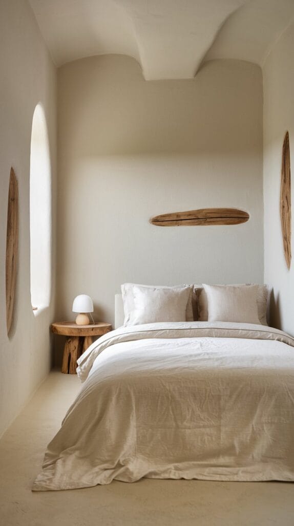 Small bedroom with neutral color palette, light beige walls, and white bedding.