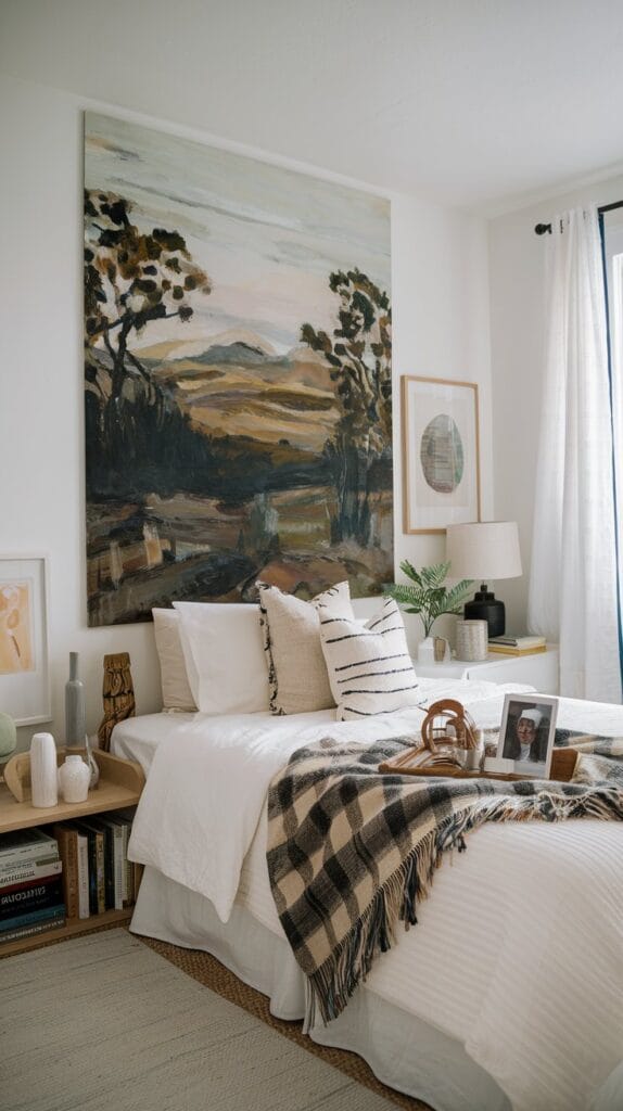 Small bedroom with personal touches like artwork and books.