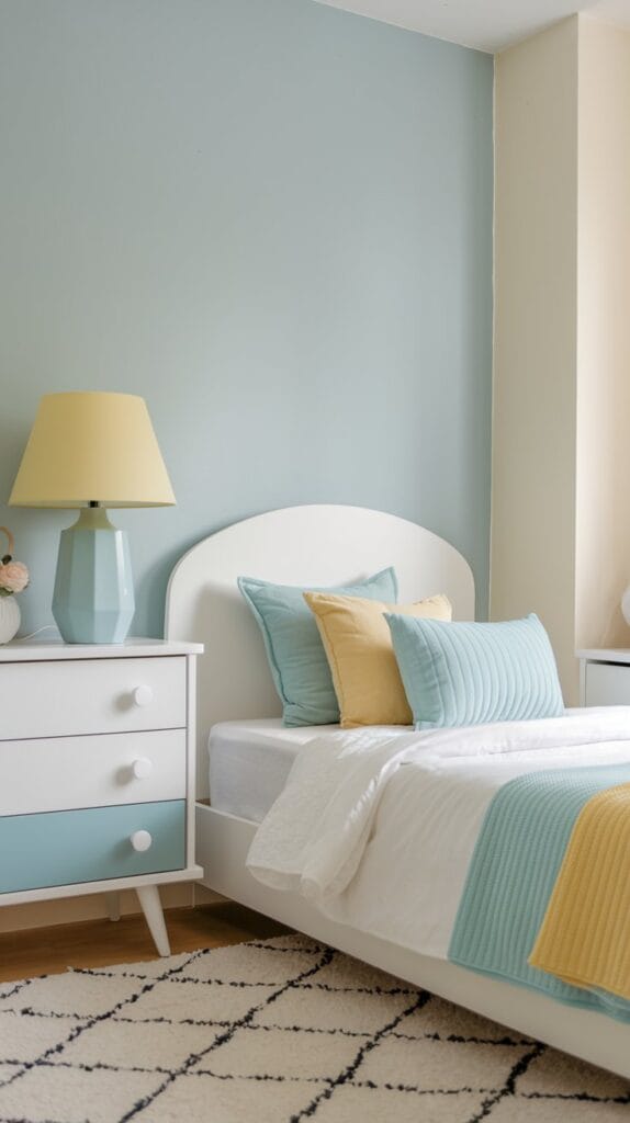 Small bedroom with a light color scheme for an airy feel.