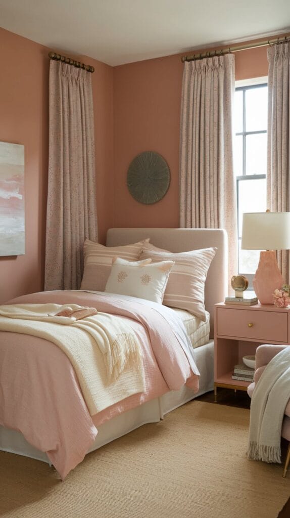 Small bedroom with a soft pastel color palette creating a cozy and airy feel.