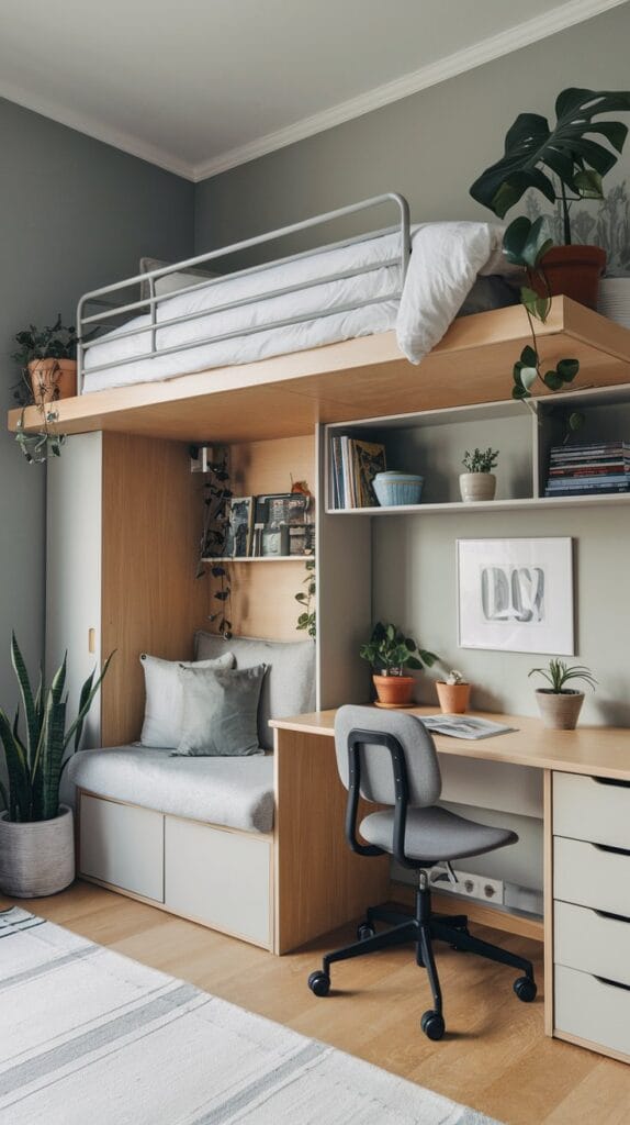 Small bedroom with a loft bed and a workspace underneath.