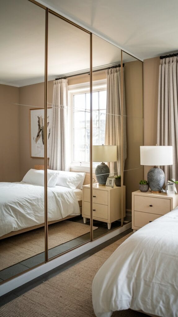 Small bedroom with large mirrors creating a spacious illusion.