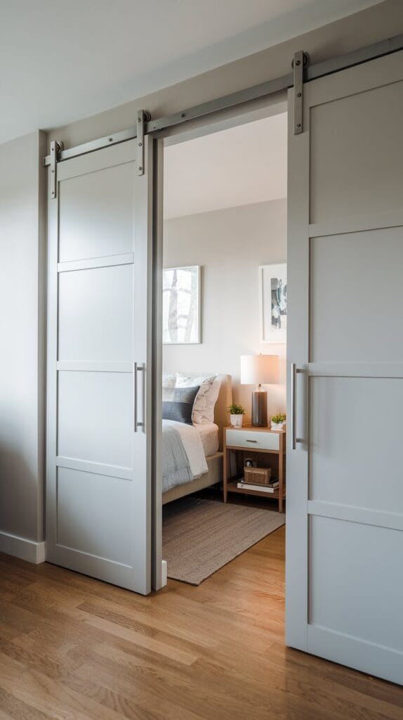 Small bedroom with sleek sliding doors for a space-saving design.