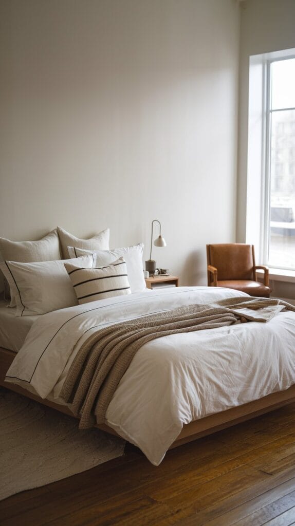 Minimalist bedding with neutral colors and clean lines.