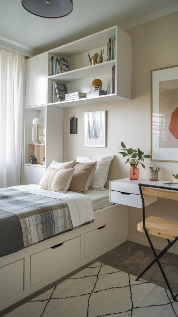 Small bedroom with a storage bed, foldable desk, and space-saving furniture.