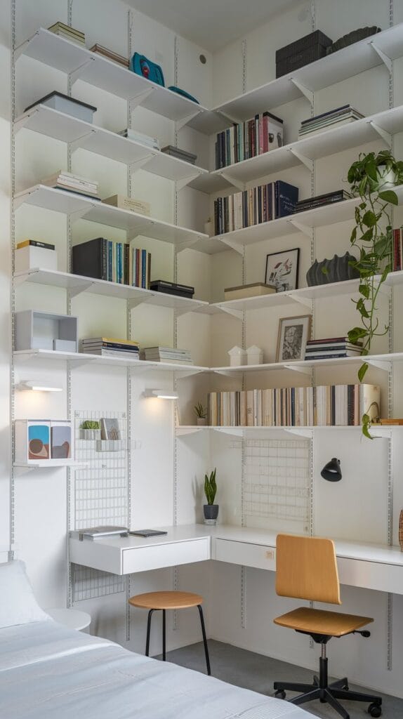 Small bedroom with tall shelves and vertical storage solutions.