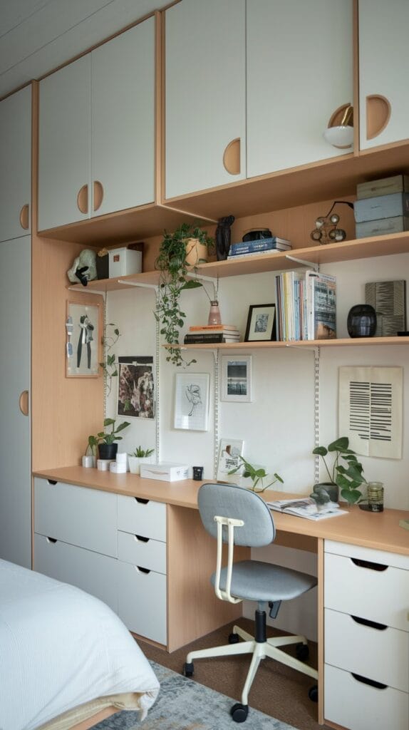 Wall-mounted storage in a small living room to save floor space and reduce clutter.