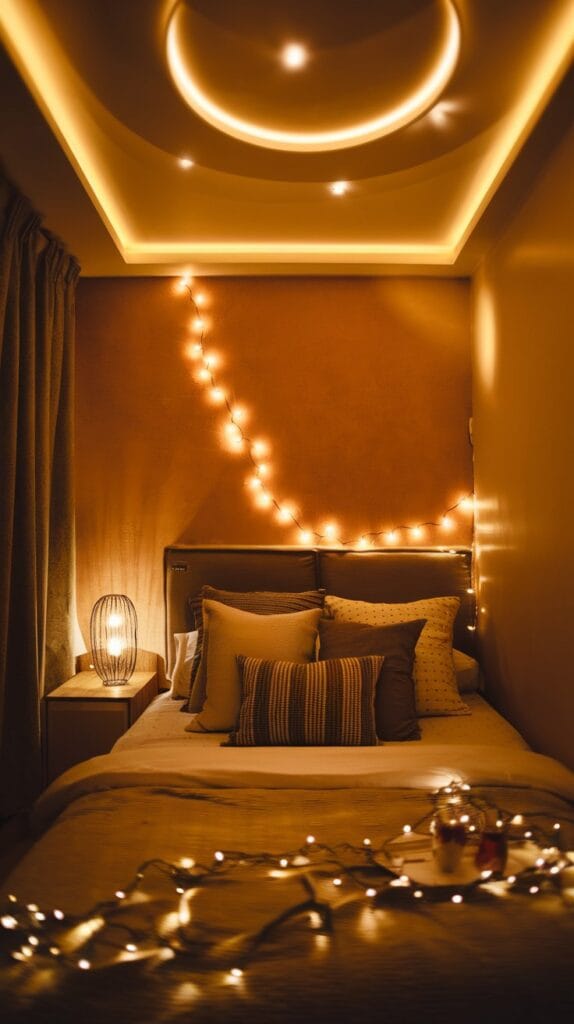Small bedroom with warm layered lighting, bedside lamps, and fairy lights.