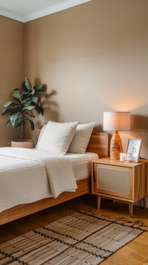 Small bedroom with natural elements like wooden furniture and a potted plant.