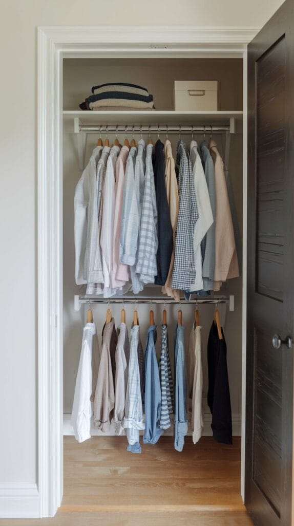 A small closet with two-tiered hanging rods, optimizing space for clothing storage.