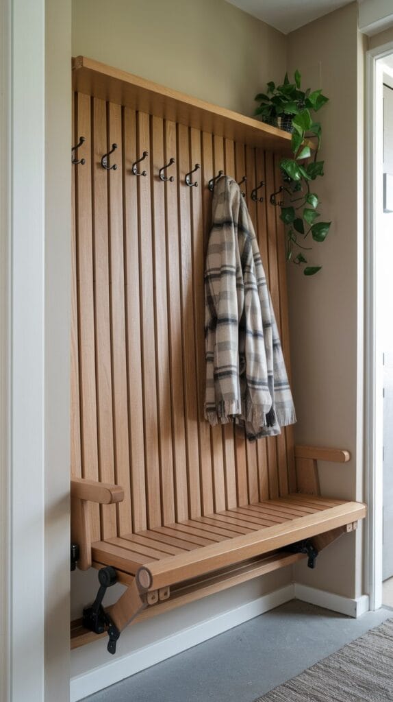 A space-saving foldable bench in a small hallway, designed for convenience.